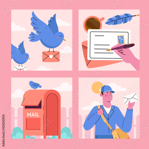 Hand drawn flat mail illustration set