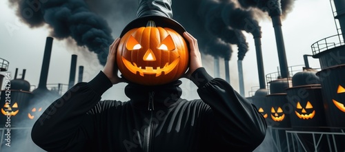 Pumpkinheaded figure amidst smoky industrial landscape with eerie halloween atmosphere photo