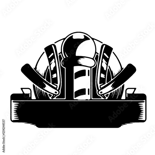 Modern black and white barber logo featuring tools, perfect for salons, barbershops, or branding.