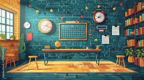 A solar-powered classroom lights up possibilities for the future in this educational flat design illustration