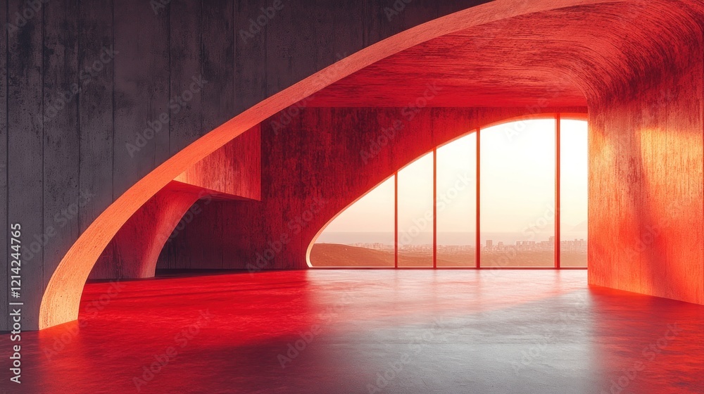 Obraz premium Red-lit modern building interior, sunset view