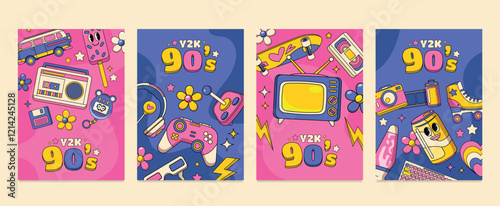 Y2K 90s elements hand drawn vertical cards templates