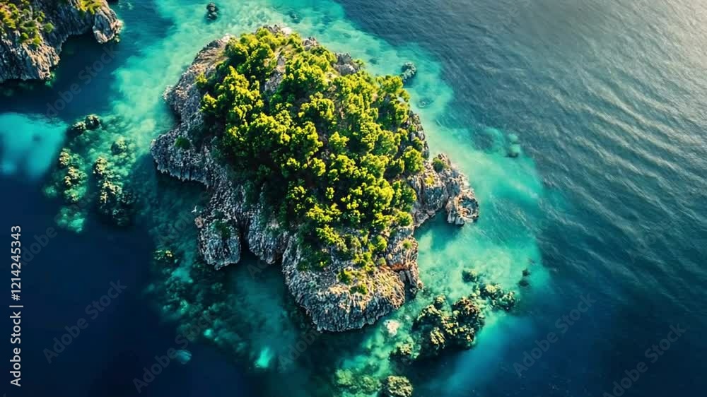 An isolated island sits surrounded by clear ocean waters with sandy shores and dense green trees beneath a partly cloudy sky