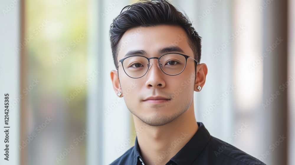 Fototapeta premium 両耳にシンプルなダイヤ型ピアスを着けた日本人男性の洗練されたスタイル