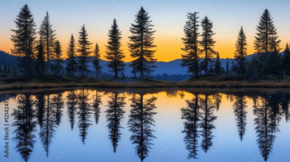 Serene Sunset over Tranquil Lake with Majestic Evergreen Tree Silhouettes, Scandinavia Serene Sunset over Tranquil Lake with Majestic Evergreen Tree Silhouettes, Scandinavia