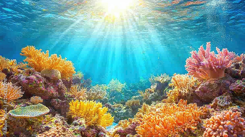 Naklejka premium Vibrant Coral Reef Undersea Sunlight Scene