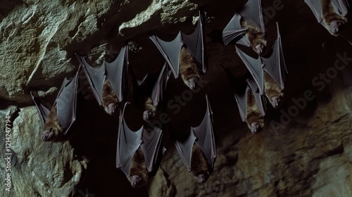 Colony of bats hanging upside down in a dark cave. (1) photo