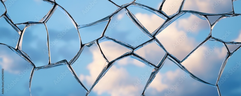 Fototapeta premium Abstract broken glass shards against a moody sky backdrop, emphasizing detailed cracks and reflections for a dynamic, surreal effect