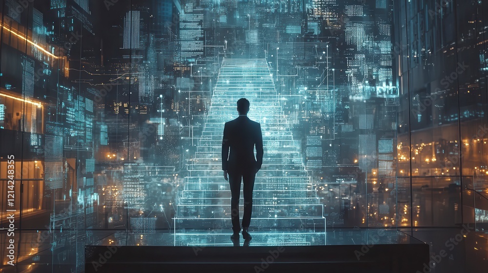 A figure ascends a digitally-rendered staircase illuminated by vibrant colors, representing the intersection of technology and human ambition in a futuristic setting. A figure ascends a digitally-rendered staircase illuminated by vibrant colors, representing the intersection of technology and human ambition in a futuristic setting.