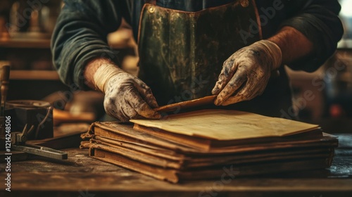 Bookbinder gluing spine of book carefully, rustic setup with vintage tools and vibrant background emphasizing traditional craftsmanship photo