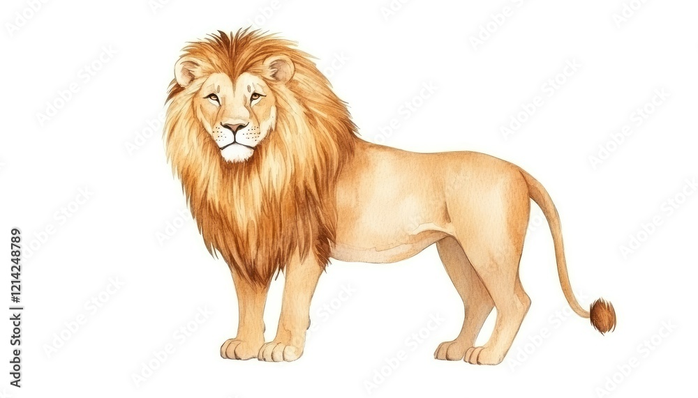 Obraz premium Majestic lion standing proudly with a vibrant mane, symbolizing strength in a minimalistic white background