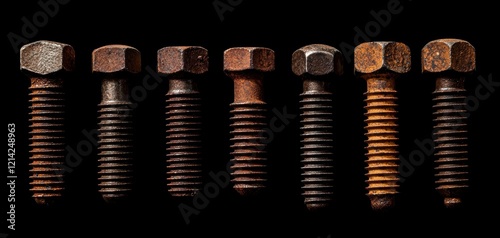 Corroded bolts with deep rust and patina, showcasing the effects of time and weather on metal components for artistic and repair concepts