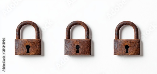 Corroded padlocks with a rustic appearance, isolated on white, emphasizing the passage of time and durability themes