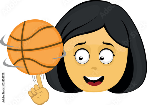 vector illustration yellow emoji face character woman cartoon, with a basketball sport spinning on the finger of the hand