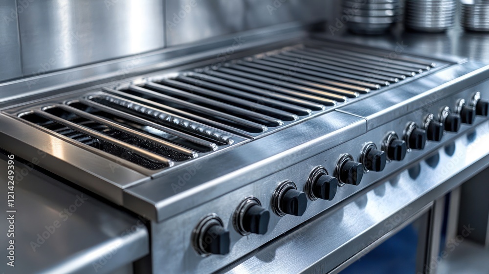 Stainless steel grill, kitchen, cooking, restaurant, clean, commercial, equipment, background, food prep Stainless steel grill, kitchen, cooking, restaurant, clean, commercial, equipment, background, food prep