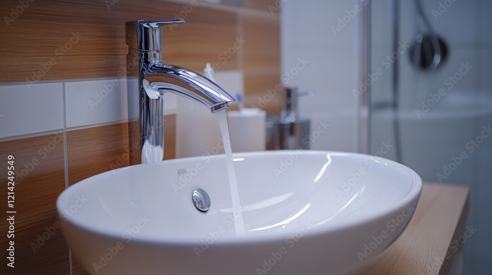 Wall-mounted vanity with white ceramic vessel sink. Interior design of modern scandinavian bathroom.