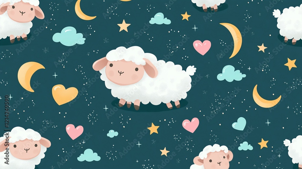 Fototapeta premium Cute sheep, stars, moon, clouds, hearts seamless pattern.