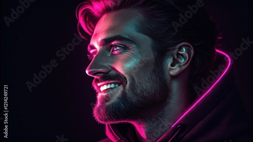 A dramatic composition where the left side of a face is illuminated by vivid pink neon light. The glow highlights a strong jawline and a confident smirk while the right side