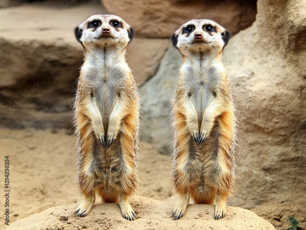 Two meerkats standing upright and alert in a sandy desert, captured with bright, natural light and a focus on their curious posture and expressions. 