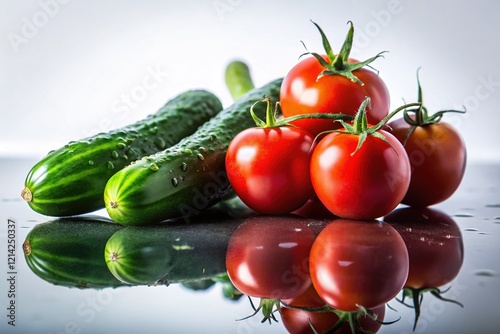 Silhouette Still Life: Close-up Cucumbers & Tomatoes on White