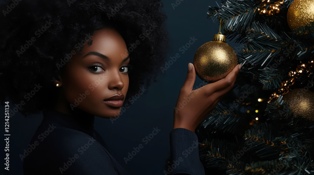 Naklejka premium Elegant holiday scene with model decorating with golden ornament on christmas tree