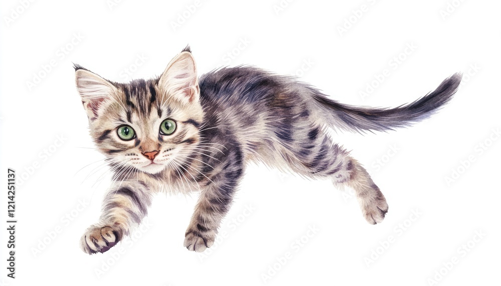 Fototapeta premium Playful tabby kitten with striking green eyes, leaping gracefully on a white background, showcasing agility