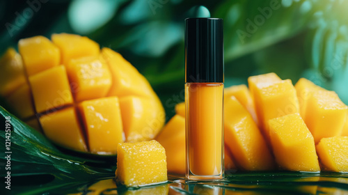 Tropical mango sorbet scented lip gloss with fresh cut mango backdrop photo