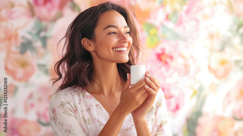Woman smiling while applying probiotic perfume in floral setting Woman smiling while applying probiotic perfume in floral setting