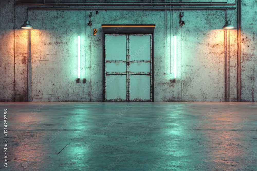 Obraz premium Industrial design project featuring an empty hall with LED lights mounted on the ceiling, grey walls, and a glossy concrete floor. This is presented as a 3D rendering and mock-up
