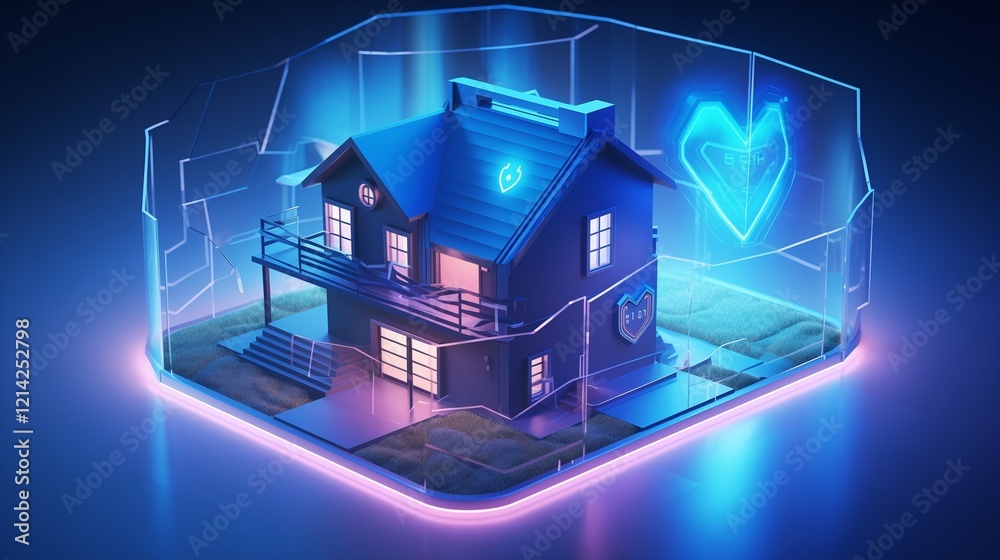 Smart Home Security System concept background. Protection software of IOT or internet of things. Cyber security of house devices. 3D isometric home of lights digits protected shield.