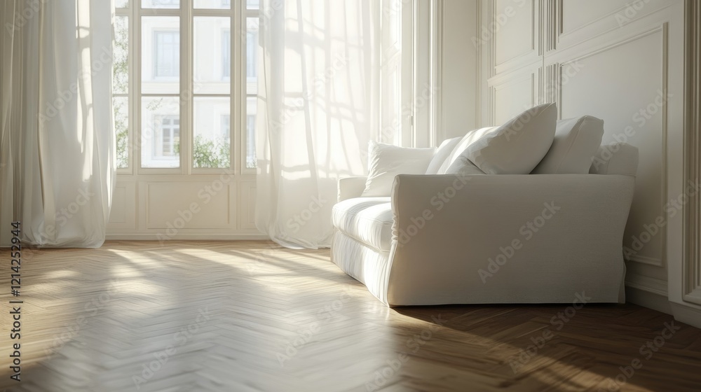 Fototapeta premium White sofa on wooden parquet. Minimalist, scandinavian home interior design of modern living room.