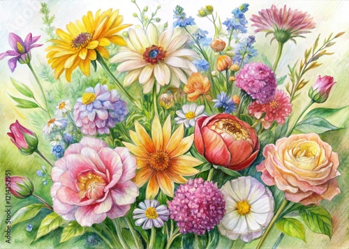 Vibrant Garden Flower Sketch Design: Rule of Thirds Composition