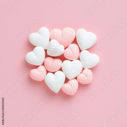 Heart shaped pink and white marshmallows on pastel background