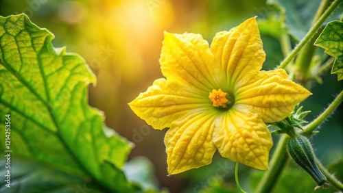 Vibrant Yellow Bitter Melon Flower Close-Up with Copy Space photo