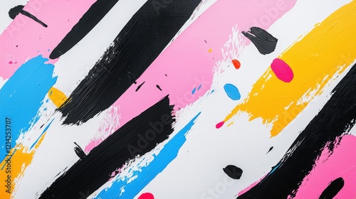 Modern abstract art with bold black brushstroke textures and pastel paint splashes in a scattered arrangement photo