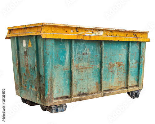 Large outdoor recycling dumpster with weathered blue and yellow exterior, ideal for waste management and recycling purposes