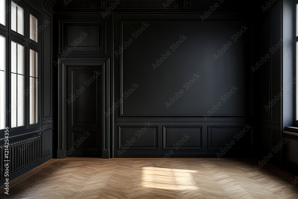 Fototapeta premium Dark living room interior with black empty wall
