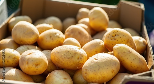 Fresh organic potatoes in cardboard box at farmer's market display