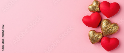 Red and gold hearts on pink background, symbolizing love