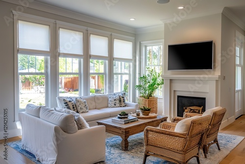 clean and modern living room with white roller shades