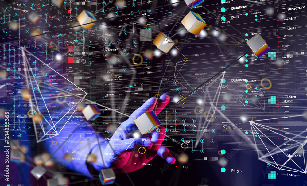 Fototapeta premium Abstract network of physical devices on the Internet using a network connection with statistics numbers 3d illustration