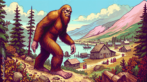 A bigfoot Overlooking a Peaceful Rural Village Nestled Amongst Mountains and Forests
