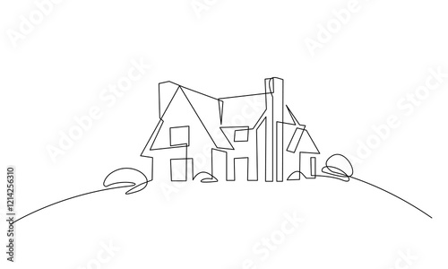 Country House Continuous One Line Drawing. Modern Building Hand Drawn Vector Art, Continuous One Line Drawing. Outline Drawing of Simple House for Minimalist Design Isolated on White Background. 