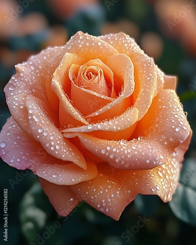 Dew-kissed peach rose close-up.