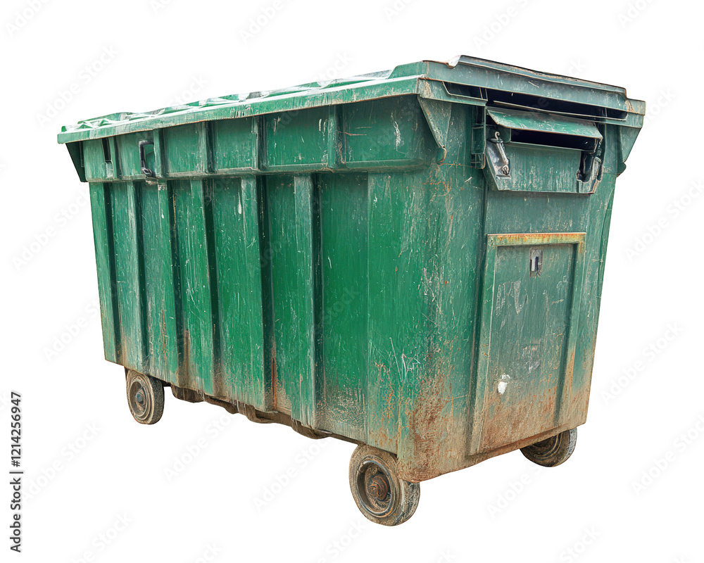 large green outdoor recycling dumpster with wheels, showing signs of wear and tear, ideal for waste management and recycling purposes large green outdoor recycling dumpster with wheels, showing signs of wear and tear, ideal for waste management and recycling purposes