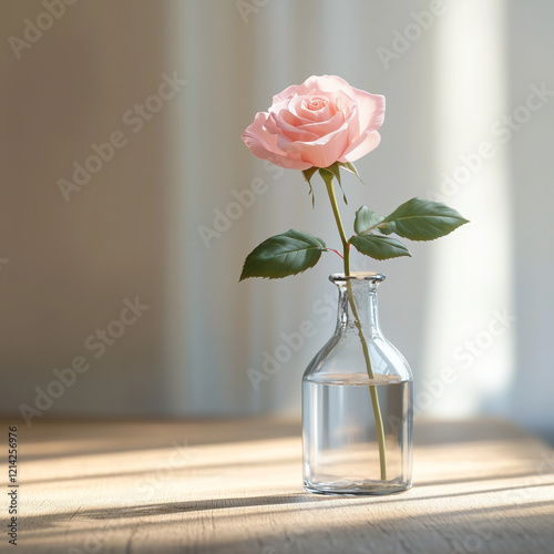 Single Pink Rose in a Glass Vase Bathed in Sunlight for International Women’s Day Simplicity and Grace
