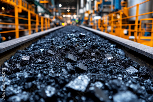 Close-up of coal on conveyor belt in processing plant, industrial machinery in background. photo