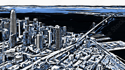 San Francisco, California, USA. Aerial view of the city, skyscrapers, bay and Golden Gate Bridge. Digital painting