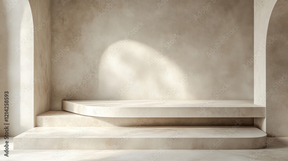 Minimalist Beige Stone Platform with Archway and Sunlight