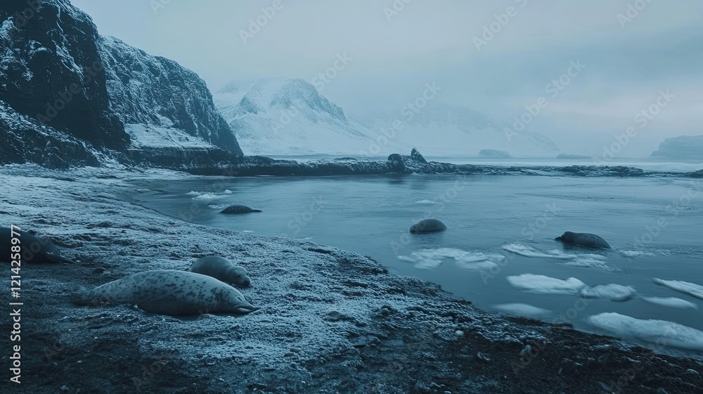 Obraz premium Seals resting on icy beach, snowy mountains background; nature, wildlife scene
